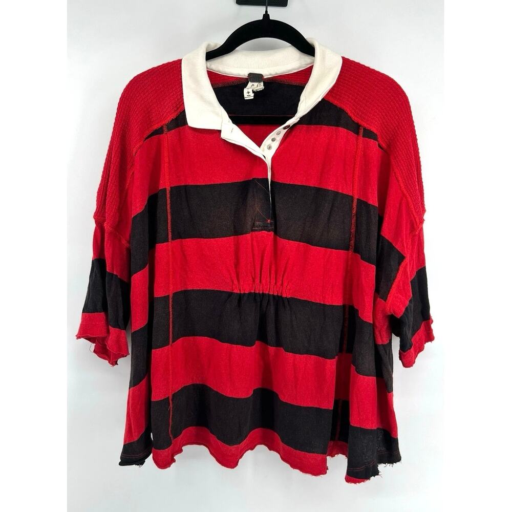 We The Free Free People Yuki Oversized Striped Polo Rugy Shirt Size S Red Black